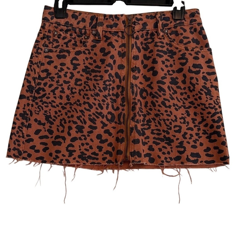 Free People Womens Rust Leopard Print Denim Mini Skirt Size 25 Zip Front Raw Hem